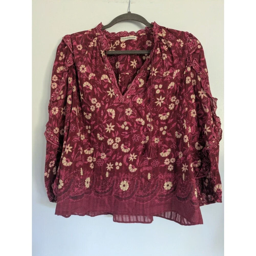 Ulla Johnson Azalea Blouse Ruffle Tassels Red Pink Floral Size 6 - Picture 3 of 8